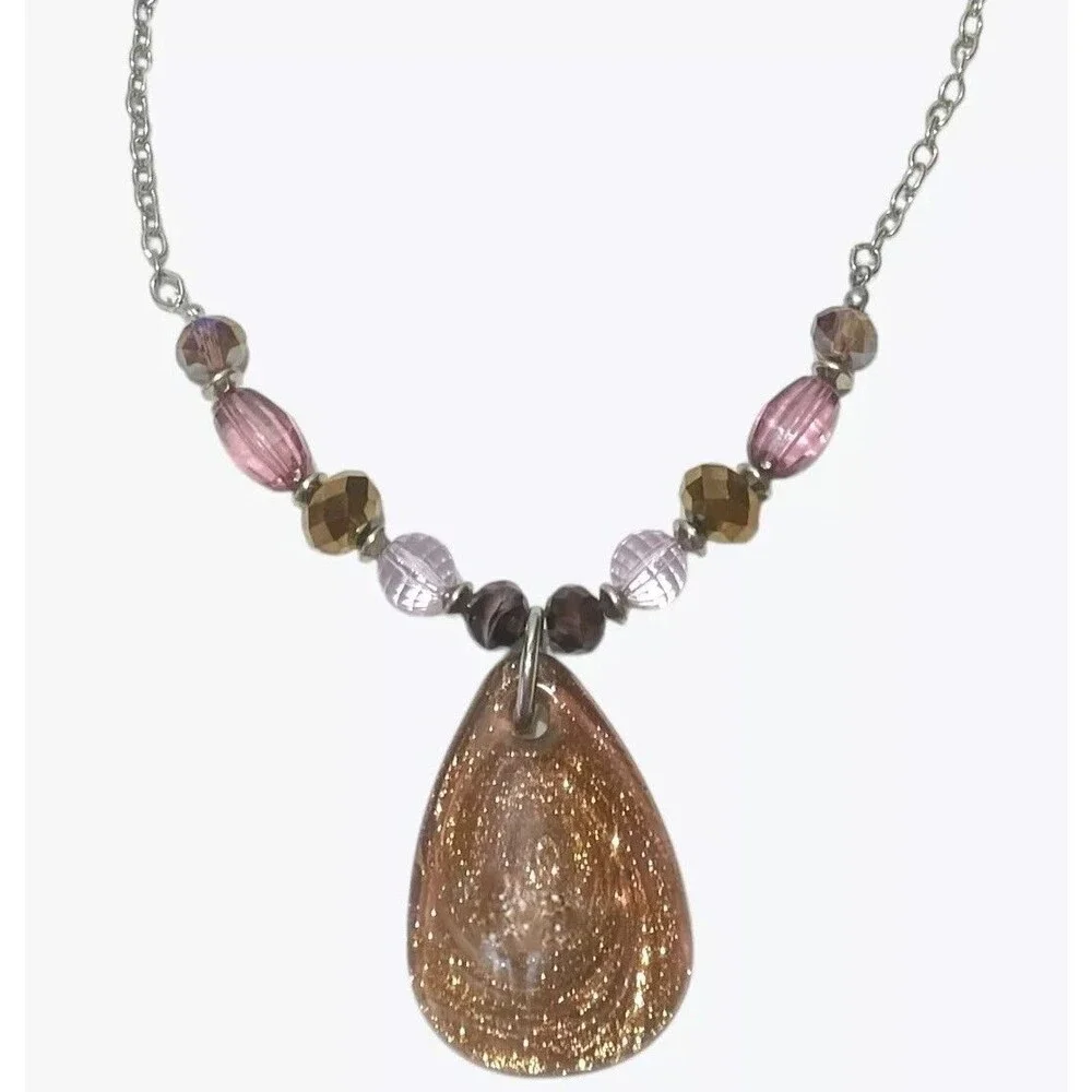 Art Glass Pendant Necklace Copper Aventurine Glitter Teardrop Crystal Beads